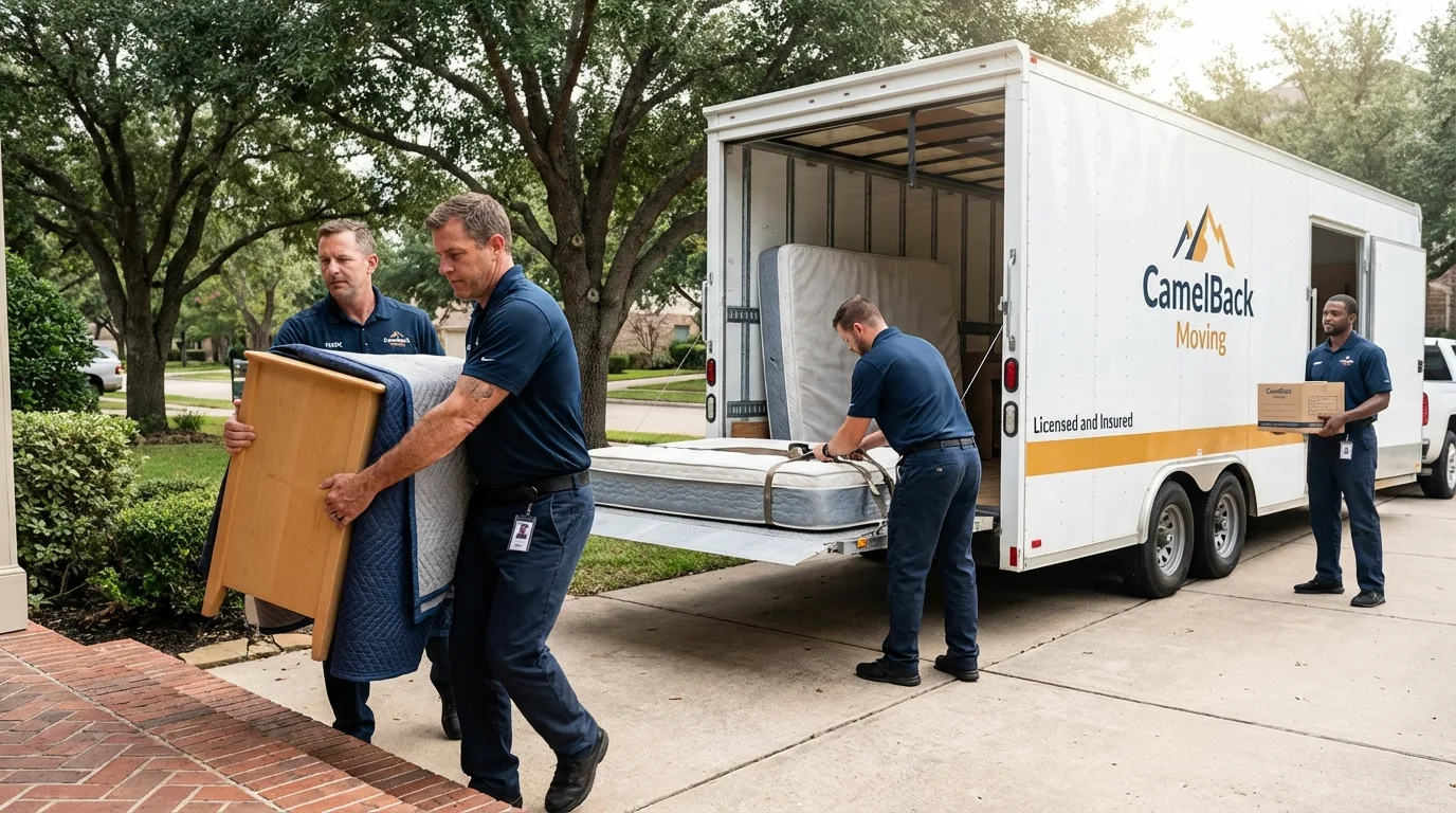 Crew loading residential truck for cross-state move from Waterville, ME