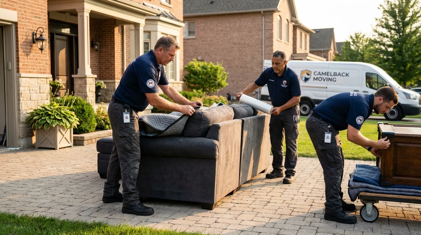Large estate moving crew wrapping furniture in Waterville, ME