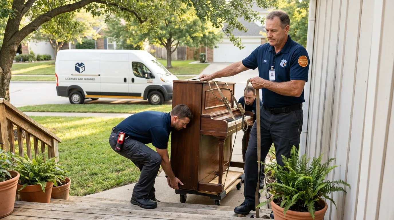 Licensed piano movers securing grand piano in Waterville, ME