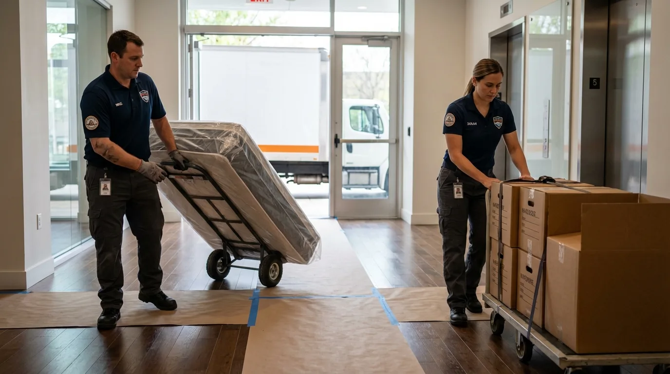 Professional apartment movers loading elevator in Waterville, ME