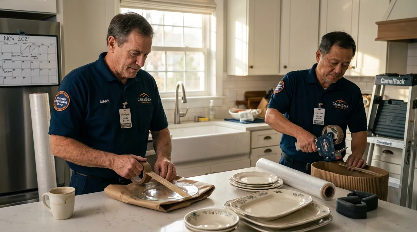 Professional crew packing kitchen dishware in Waterville, ME
